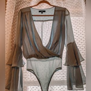 Blue lulus silk ruffle sleeve bodysuit